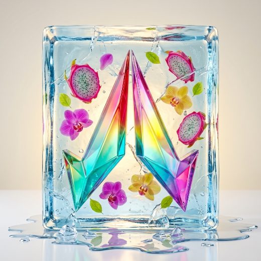 The mark cast in glass inside ice